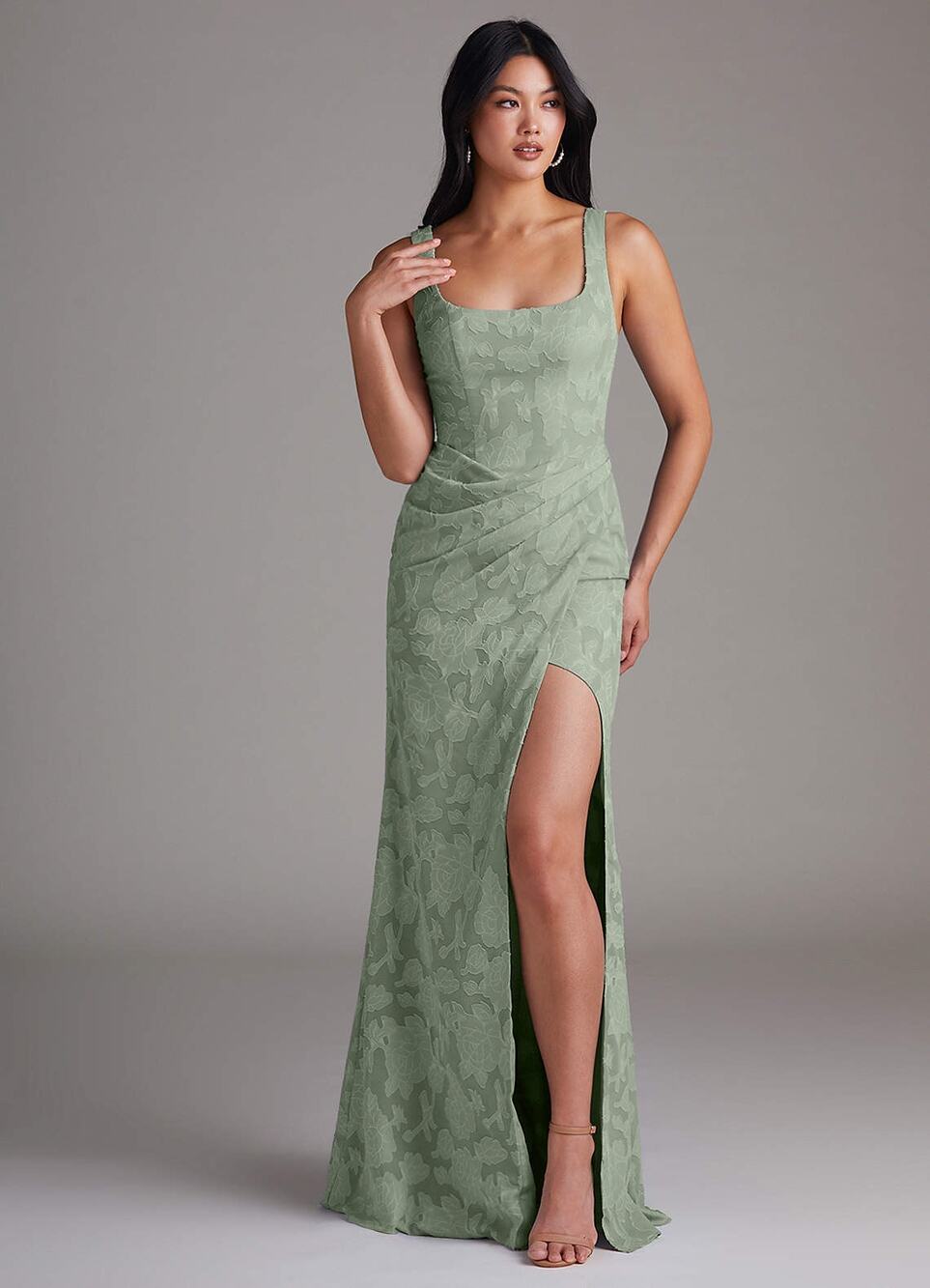 NWT Azazie Mero Agave  Sheath Pleated Floral Burnout Dress size 8